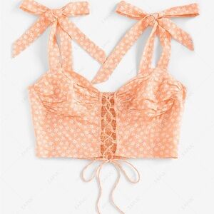 Orange Floral Crop Top with Bows